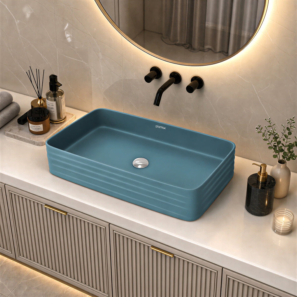 Plantex Ceramic Designer Washbasin for Bathroom/Countertop Bathroom Basin/Rectangle Tabletop Wash Basin for Restaurant/Hotel (Harmony Blue - 26 x 15 x 5 Inch)-3