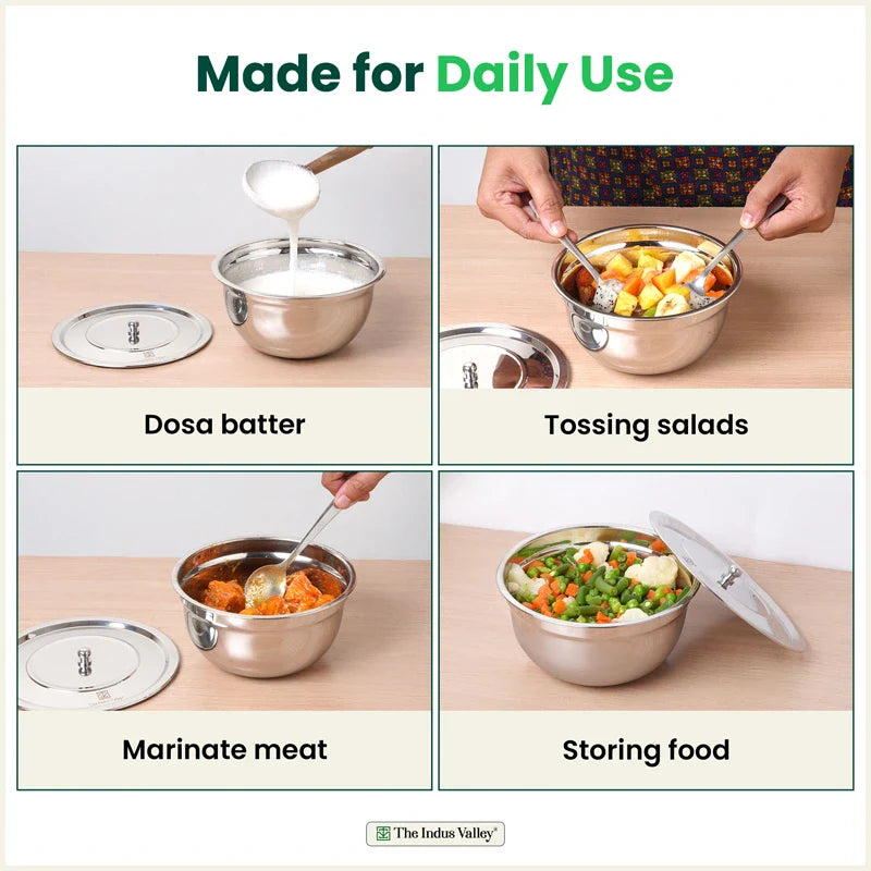 100% Toxin-free Premium Quality  Tri-Steel Stainless Steel Mixing Bowl Set with Lids – 3 Pieces, Food-Safety, Ideal for Mixing, Marinating & Storage (0.7L/1.0L/1.3L)