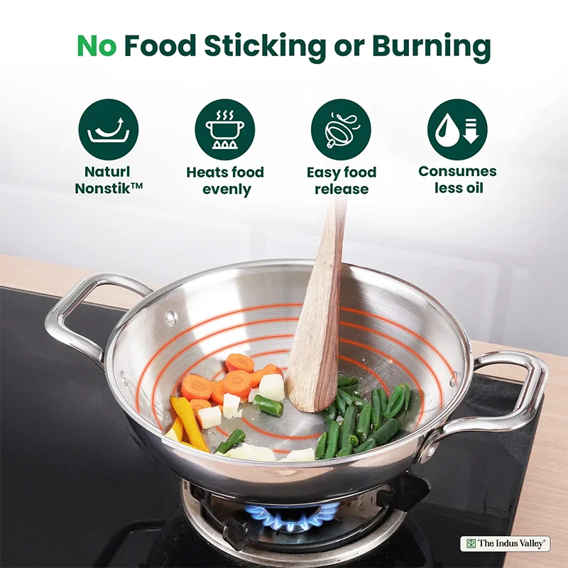 TurboCuk Tri-ply Stainless Steel Kadai, Premium Quality, 3 Layer Thick Body, 100% Toxin-free, Non-stick, Induction & Gas, Free ₹110 Spatula, 1.7/2.7/3.5L