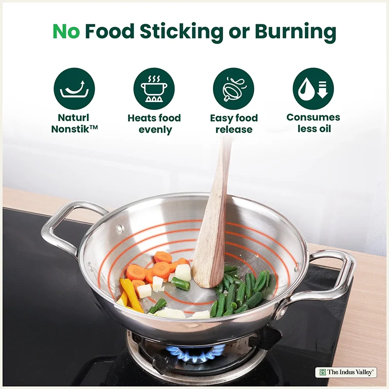 TurboCuk Tri-ply Stainless Steel Kadai+ Glass Lid, Premium Quality, 3 Layer Thick Body, 100% Toxin-free, Non-stick, Induction & Gas, 1.7/2.7/3.5L