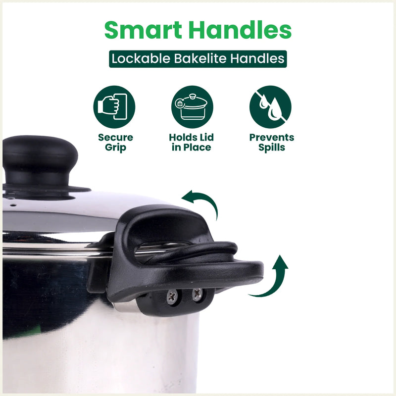 Tri-steel Stainless Steel Rice Pot with Strainer Lid & Lockable Bakelite Handles, Tri-ply 3-Layer Heavy Bottom | Noodle/Pasta/Corn/Soya/Veggies Boiler Pot, Steamer Cooker, Induction & Gas, 1.08 Kg, 19cm, 3.5 L