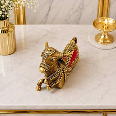 Brass Handcrafted Dhokra Sitting Nandi Idol (5.2 Inch)