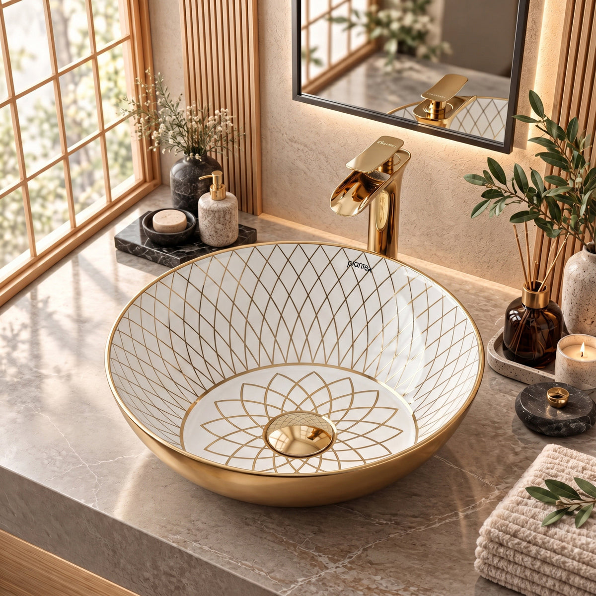 Plantex Table Top Wash Basin For Bathroom/Designer Ceramic Basin/Countertop Vessel Sink Basin - Indo-European Collection (NC-664, 16 x 16 x 5 Inch)-3