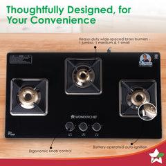 Wonderchef Octavia 3 Burner Glass Hob Top Auto Cooktop | 8mm Toughened Glass | Auto Ignition | Forged Brass Burners | St