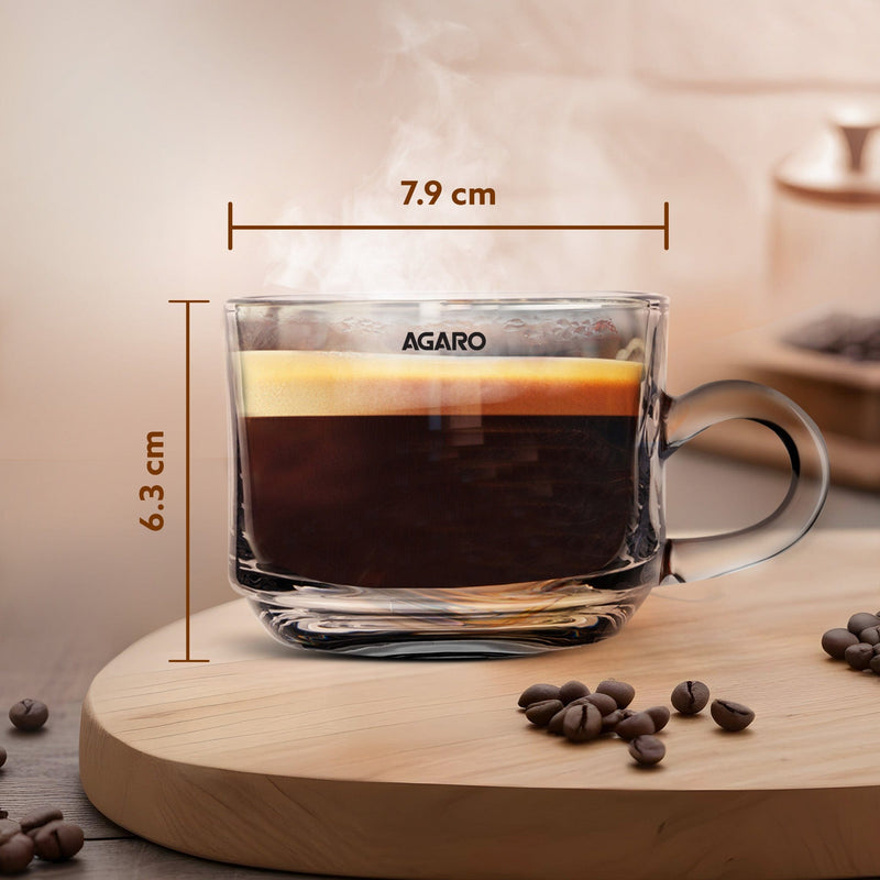 AGARO Elegant Glass Cup, 180ml, Set of 6, Crystal Clear Espresso Coffee Cup, Toughened Glass Wall with Handle, for Hot C
