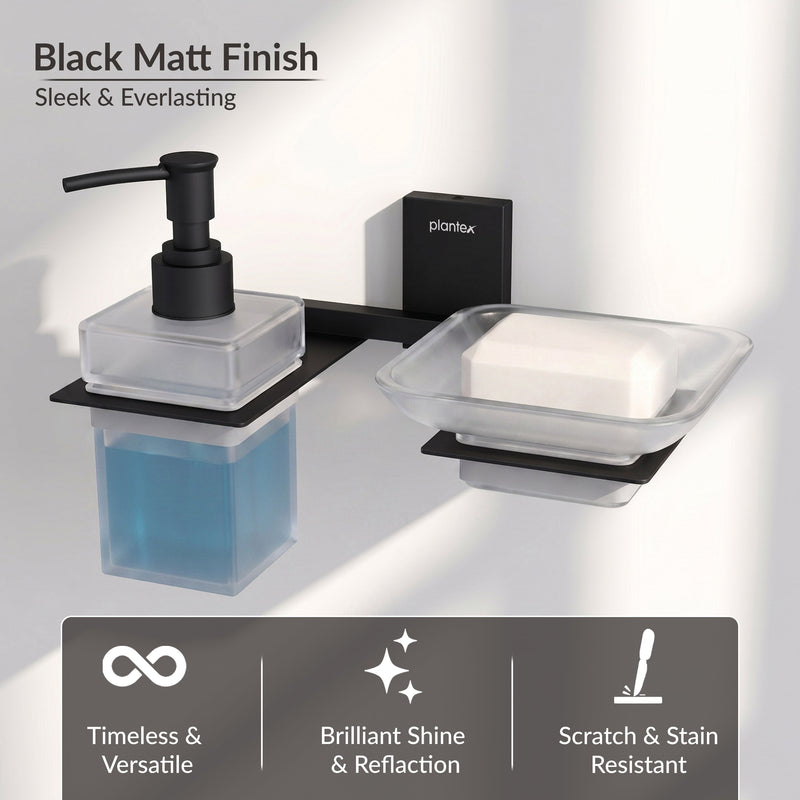 Plantex 304 Grade Stainless Steel Glass Soap Dish with Tumbler Holder/Soap Stand/Bathroom Accessories - Crystal (Black) (Model APS-1516)-6