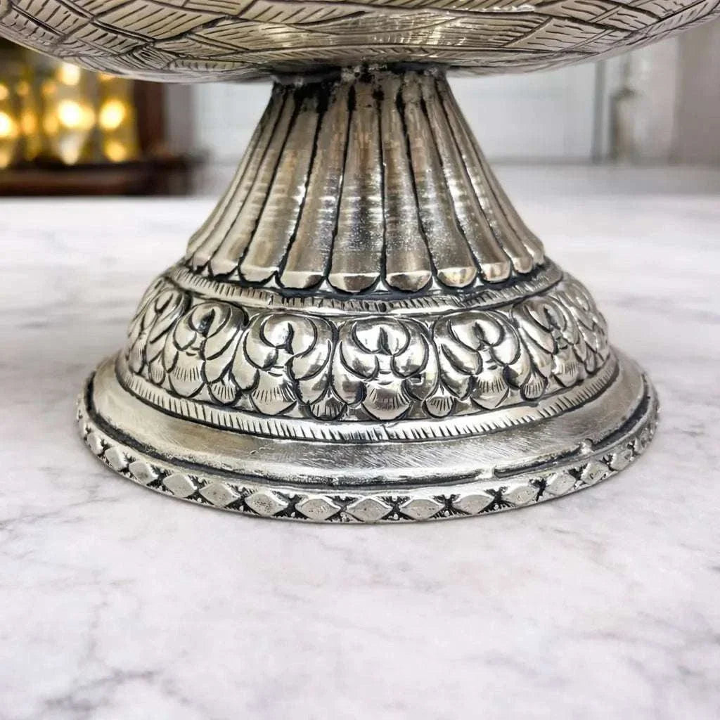 Brass Silver Plated Decorative Basket with Peacock Design (10 Inch)