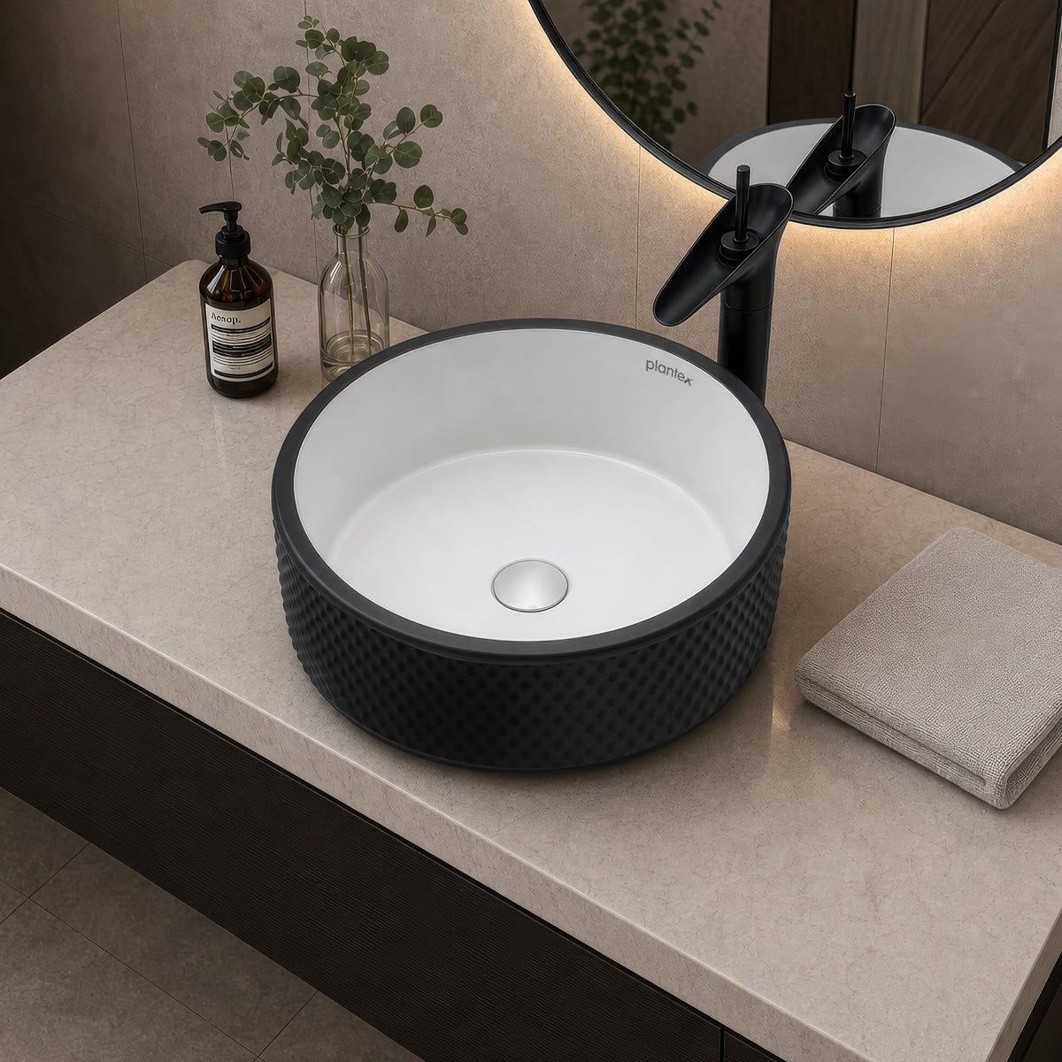 Plantex Round Ceramic Table Top Wash Basin/Designer Counertop Washbasin/Vessel Sink for Bathroom/Home/Restaurant (White & Black-17 x 17 x 6 Inch)-2