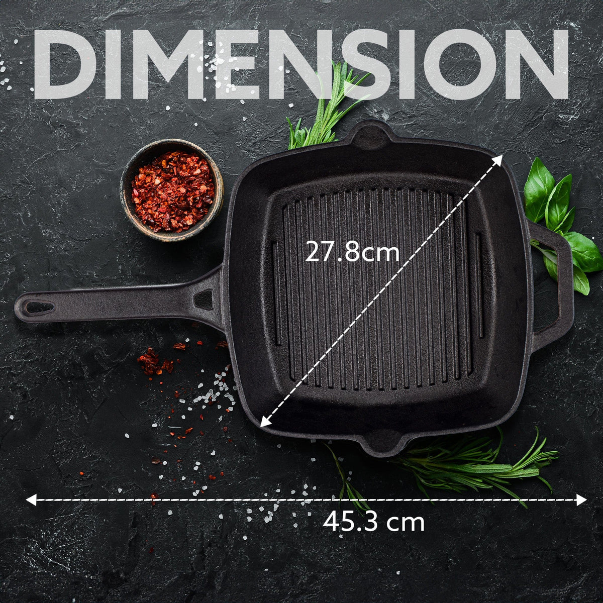 AGARO Royal Pre Seasoned Cast Iron Grill Pan, 24cm Diameter, 1.9L, No Chemical Coating, Rigid Handles, Fast Heating, Hea