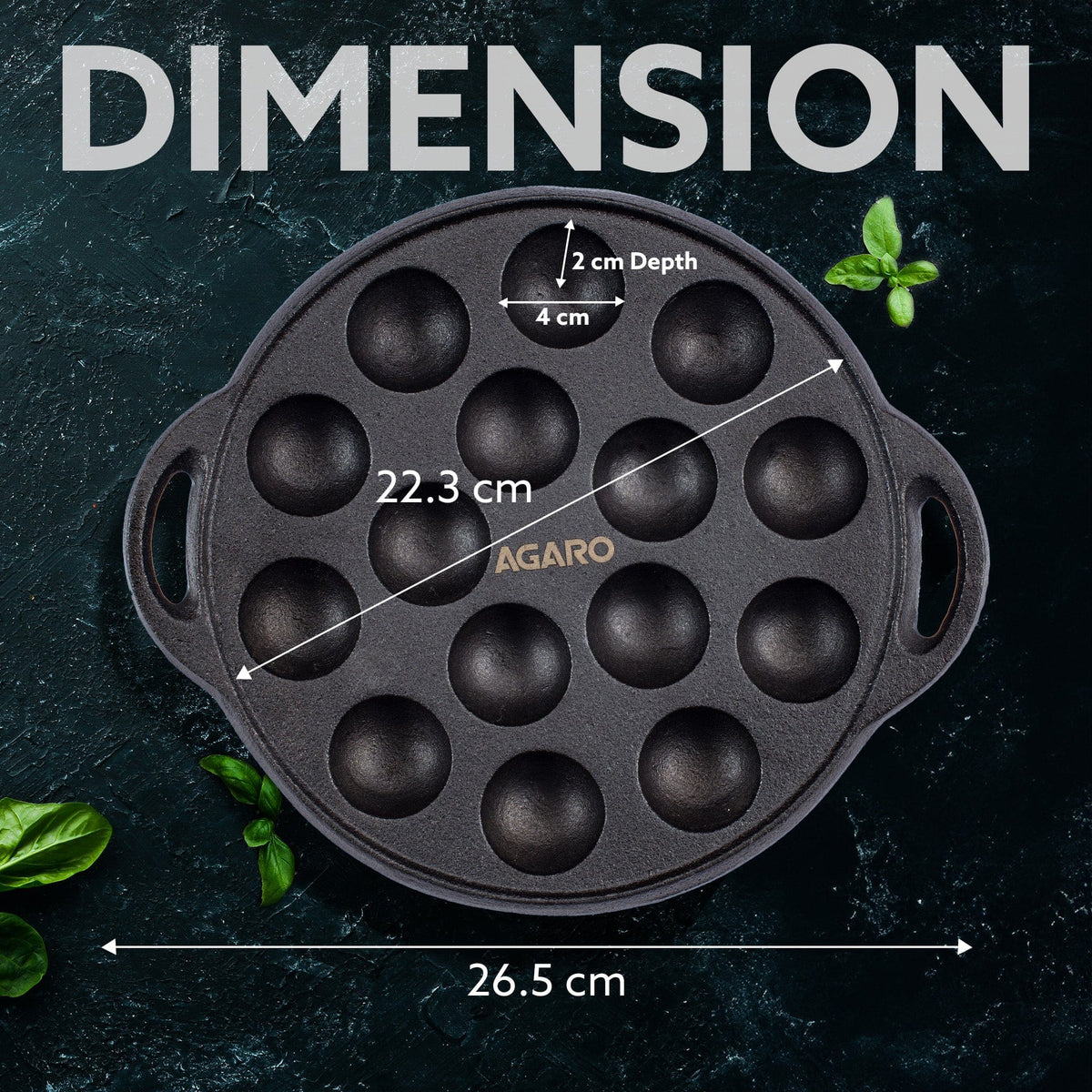 AGARO Royal Pre-Seasoned Cast Iron Paniyaram Pan, 15 pits (4cm x 2cm Each), No Chemical Coating, Rigid Handle, Fast Heat