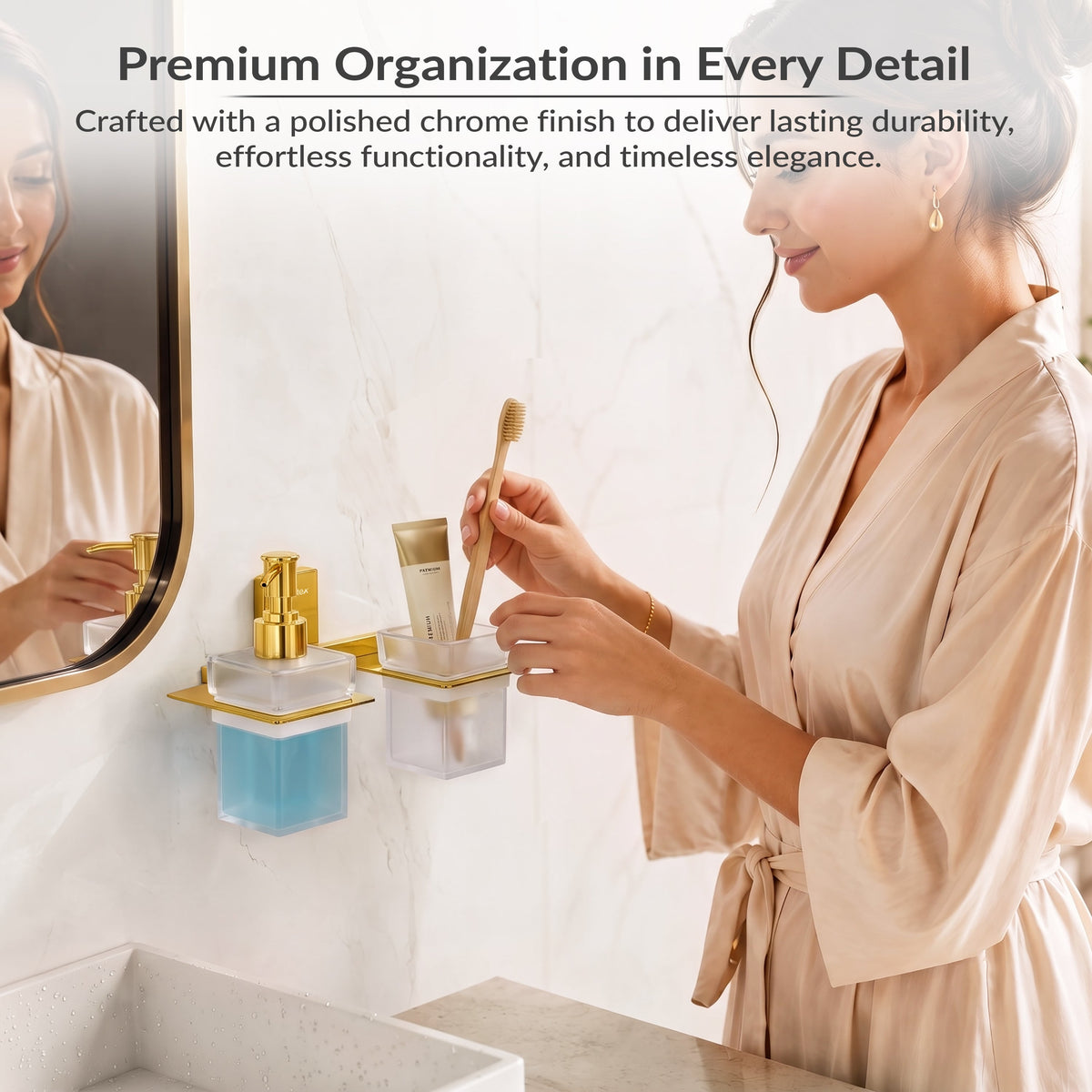 Plantex 304 Grade Stainless Steel Glass Liquid Dispenser with Tumbler Holder/Toothbrush Holder/Shampoo Dispenser for Washbasin/Kitchen/Bathroom Accessories - Pack of 1 (Crystal, PVD Gold)-6