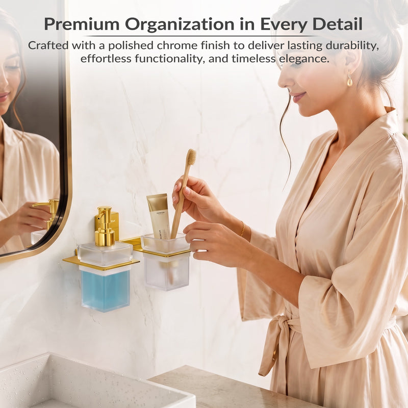 Plantex 304 Grade Stainless Steel Glass Liquid Dispenser with Tumbler Holder/Toothbrush Holder/Shampoo Dispenser for Washbasin/Kitchen/Bathroom Accessories - Pack of 1 (Crystal, PVD Gold)-6
