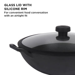 Meyer Pre- Seasoned Cast Iron 3 Piece Cookware Set - 20cm Frypan + 20cm Kadai with Interchangeable Lid, Black