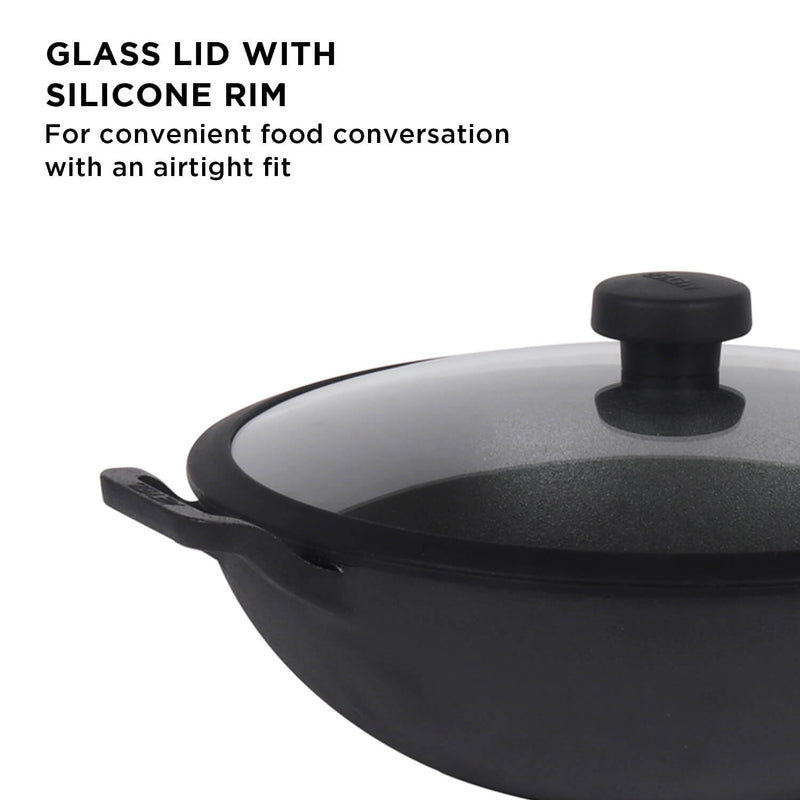 Meyer Pre- Seasoned Cast Iron 3 Piece Cookware Set - 20cm Frypan + 20cm Kadai with Interchangeable Lid, Black