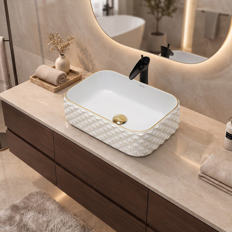 Plantex Wash Basin/Ceramic Table Top Wash Basin/Designer Countertop Basin for Bathroom/Restaurants/Hotel Rectangular (294, White & Gold, 19 x 13 x 5 Inch)-3