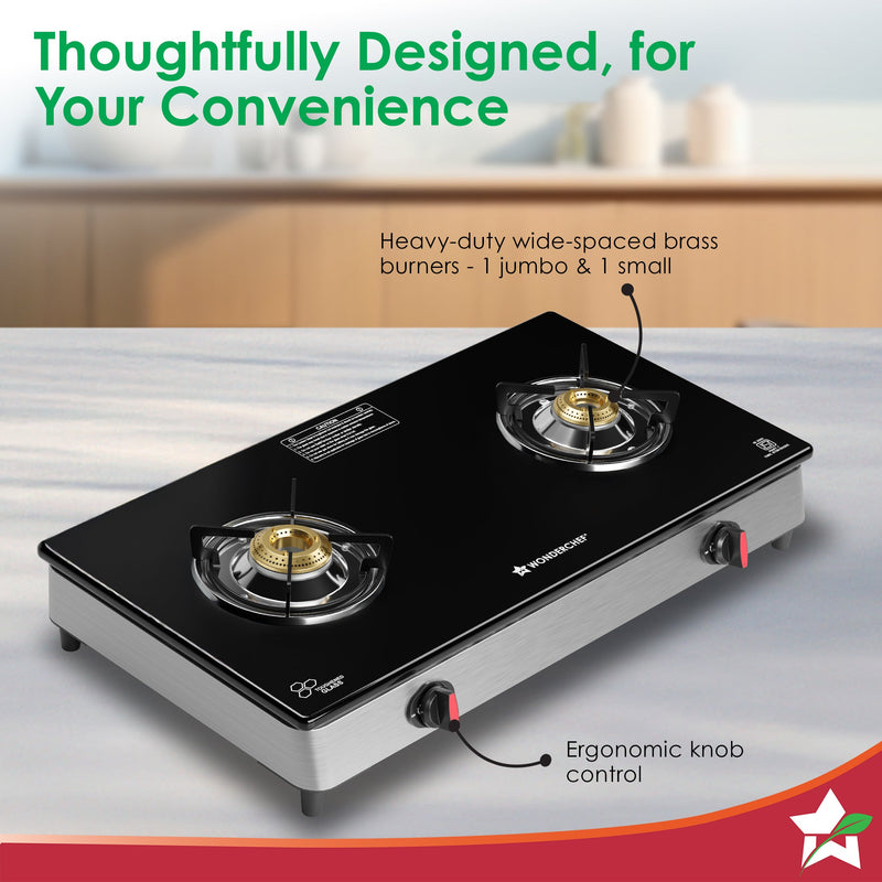 Wonderchef Regal 2 Brass Burner Gas Stove, LPG Gas Stove for Kitchen, ISI Toughened Glass Surface, SS Frame, Spill-proof