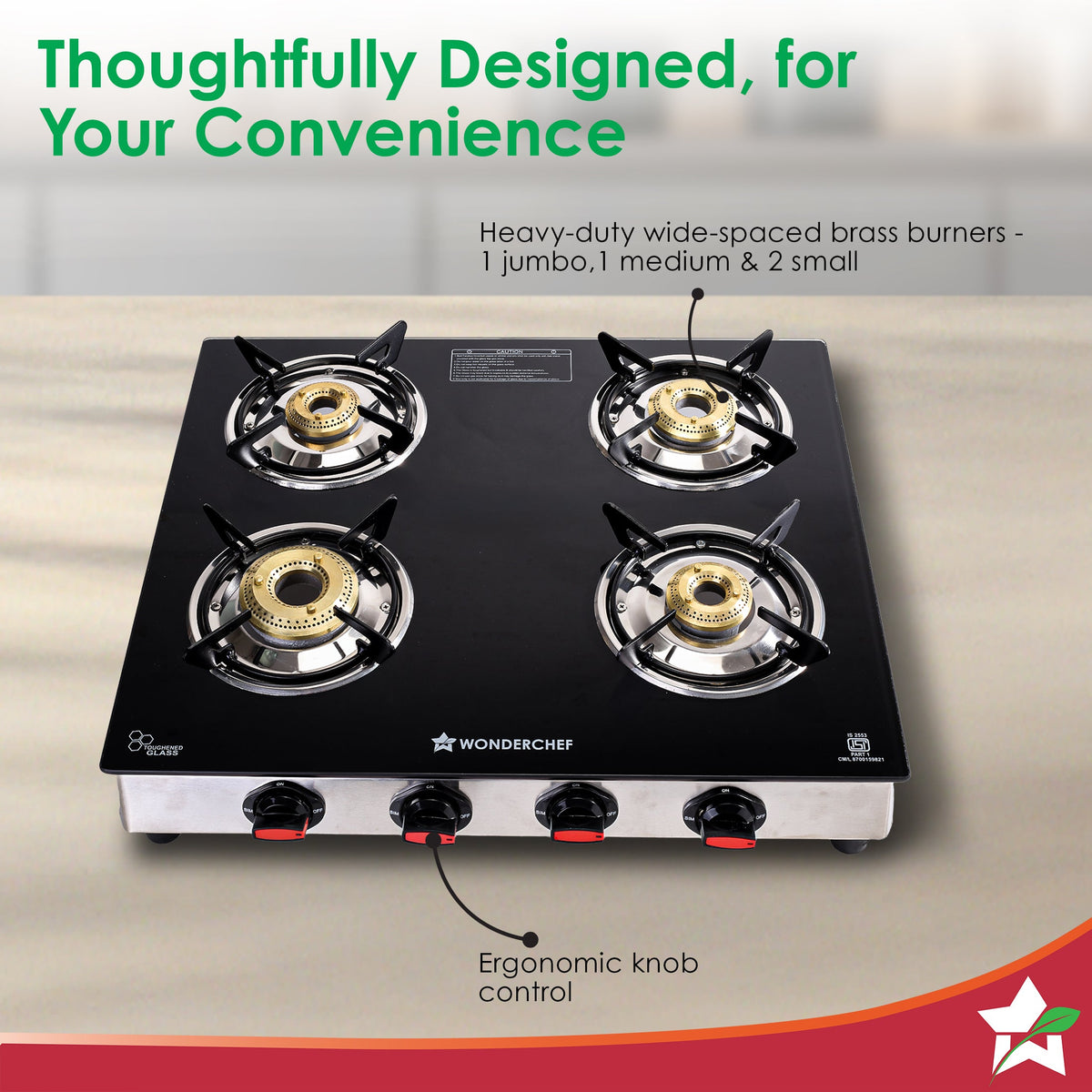 Wonderchef Regal 4 Brass Burner Gas Stove, LPG Gas Stove for Kitchen, ISI Toughened Glass Surface, SS Frame, Spill-proof