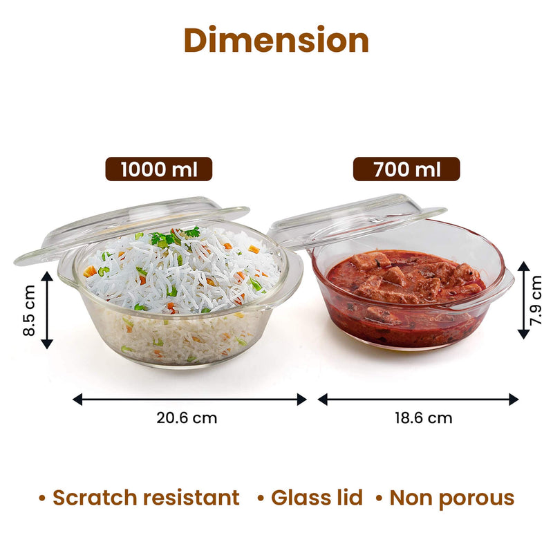 AGARO Elite Borosilicate Glass Casserole with Lid, Set of 2, 700ml & 1000 ml, Serving Bowl, Kitchen, Oven & Microwave, Dishwasher and Freezer Safe, Scratch Resistant, Transparent.-6