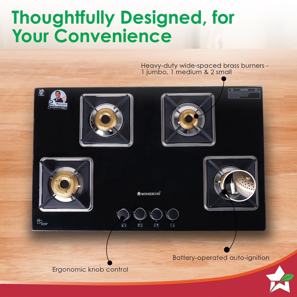 Wonderchef Octavia 4 Burner Glass Hob Top Auto Cooktop | 8mm Toughened Glass | Auto Ignition | Forged Brass Burners | St