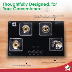 Wonderchef Octavia 4 Burner Glass Hob Top Auto Cooktop | 8mm Toughened Glass | Auto Ignition | Forged Brass Burners | St