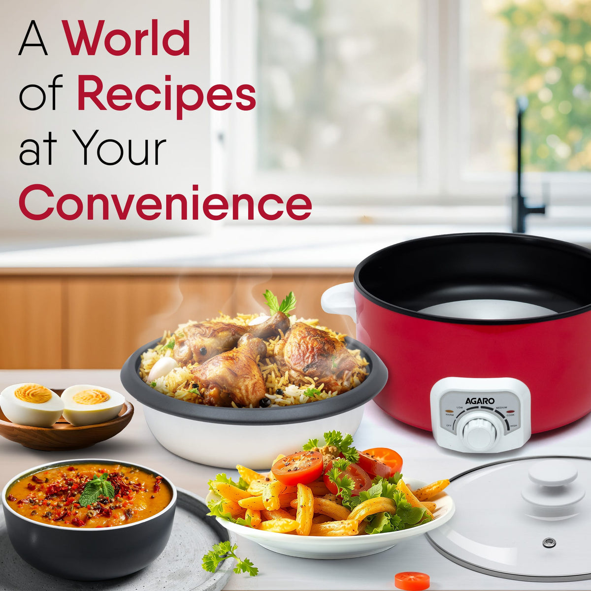 AGARO Regal Electric Multi Cooking Pot, 3L, 1200W, Automatic Boiler, Steamer, Fryer, Aluminium Pot, Glass Lid, Adjustabl