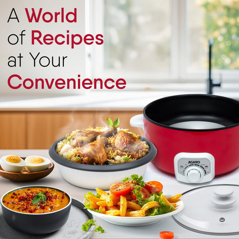 AGARO Regal Electric Multi Cooking Pot, 3L, 1200W, Automatic Boiler, Steamer, Fryer, Aluminium Pot, Glass Lid, Adjustabl