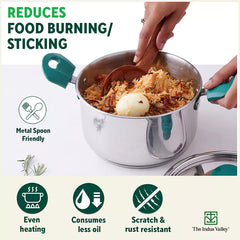 Tri-Steel Stainless Steel Biryani Pot+ Lid, Premium Quality, Tri-ply (3 Layer) Bottom, Soft-touch Handles, 100% Toxin-free, Non-stick, Induction & Gas, 1.5/2.3L, 16/18cm
