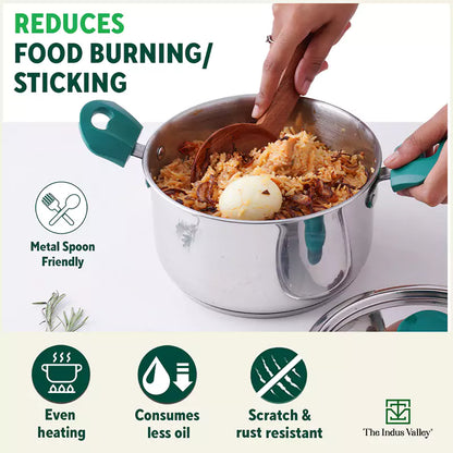 Tri-Steel Stainless Steel Biryani Pot+ Lid, Premium Quality, Tri-ply (3 Layer) Bottom, Soft-touch Handles, 100% Toxin-free, Non-stick, Induction & Gas, 1.5/2.3L, 16/18cm