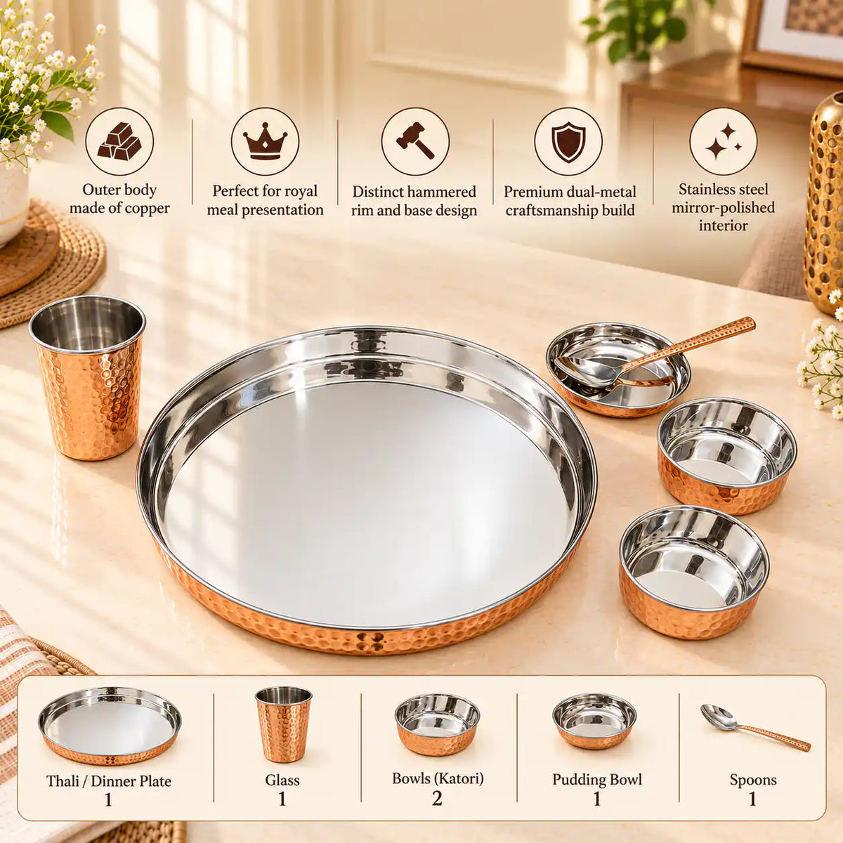Copper/Brass Hammered Thali/Dinner Set
