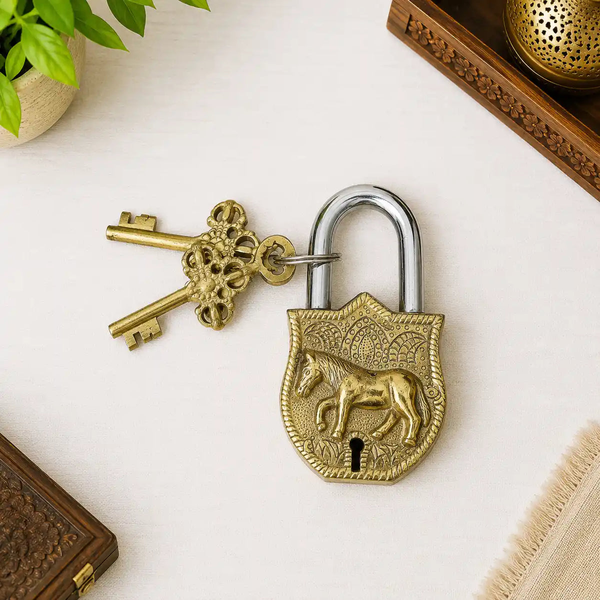 Brass Door Lock With Two Brass Keys (4.5 Inch)