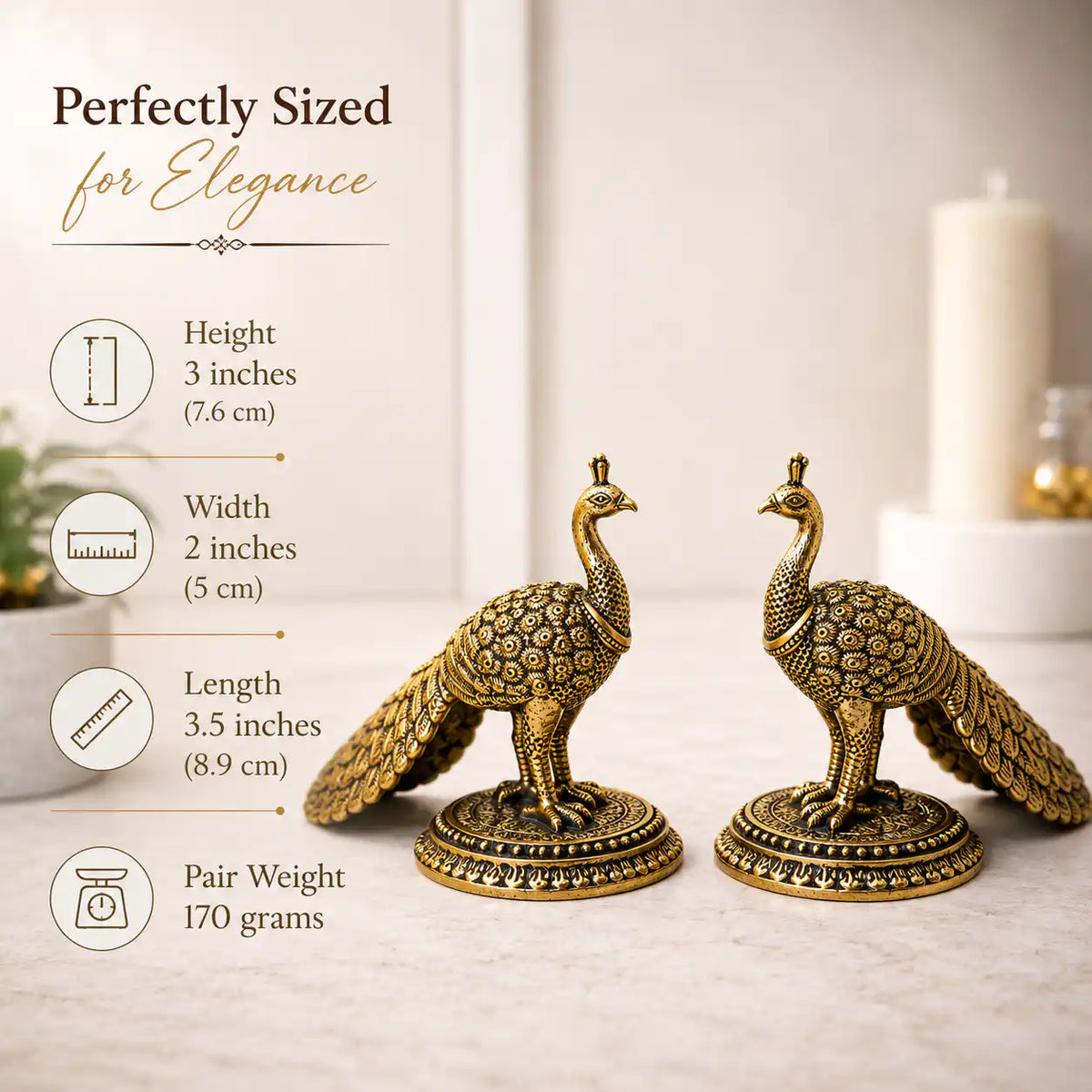 Brass Decorative Lightweight Peacock Figurine Pair (3 Inch)