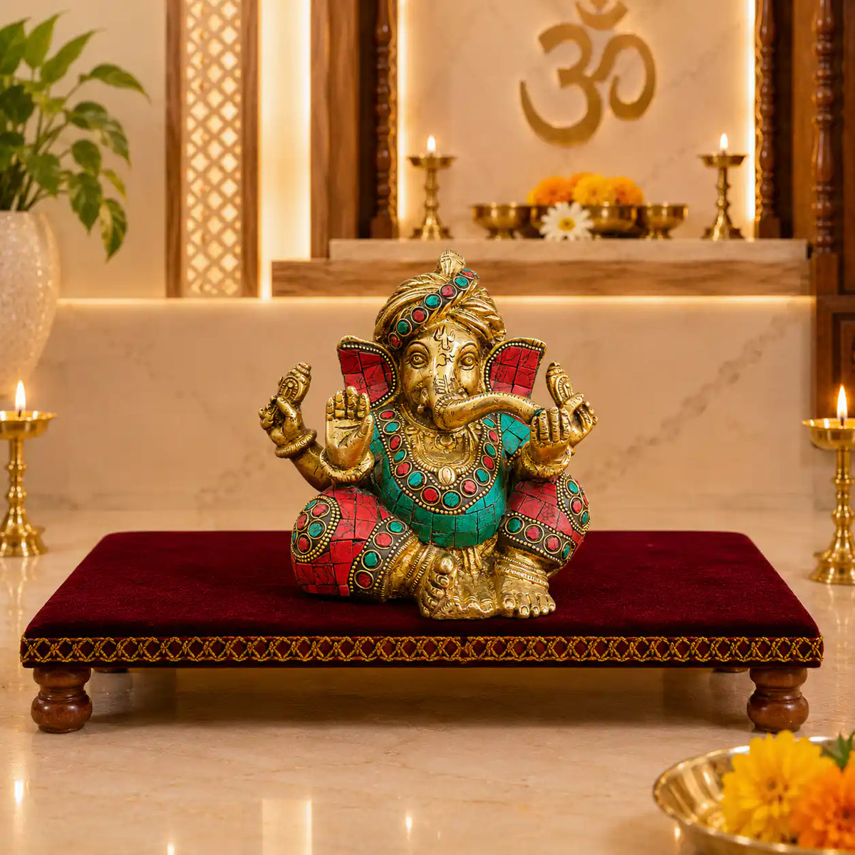 Brass Stone Work Sitting Ganesha Idol