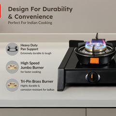 Prestige Svachh Glass Top Gas Stove (3 Burners) with Liftable Burners - GTSB-03, Prestige Svachh Triply Outer Lid Pressure Cooker with Unique Deep Lid for Spillage Control, 5 Litre, Silver