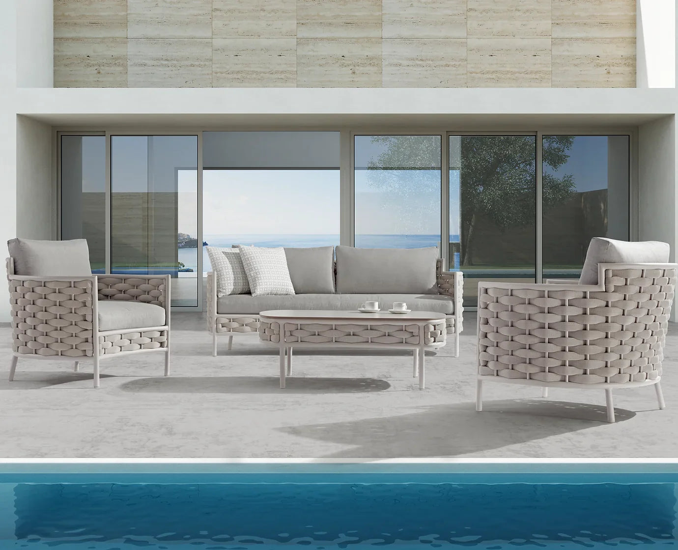 Nivio Outdoor Garden Balcony Sofa Set 2 Seater, 2 Single seater and 1 Center Table Set, Braid & Rope(White + Cream)