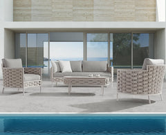 Nivio Outdoor Garden Balcony Sofa Set 2 Seater, 2 Single seater and 1 Center Table Set, Braid & Rope(White + Cream)