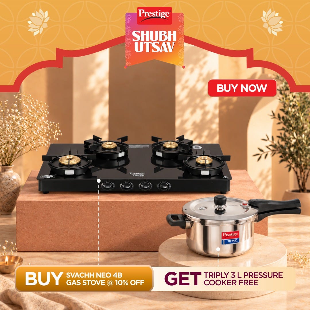 Prestige Svachh Neo Toughened Glass Top Gas Stove with Liftable 4 Burners, Black, GTSN 04 L + Prestige 3 Litre TRIPLY Svachh Outer Lid Pressure Cooker, Deep Lid for Spillage Control, Gas & Induction