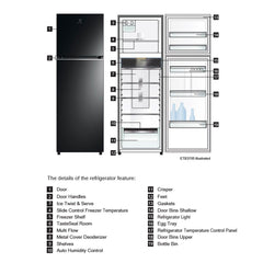Electrolux UltimateTaste 300 341 Litres 2 Star Frost Free Double Door Refrigerator with Door Alarm (ETB3700K-H, Glossy Black Steel)