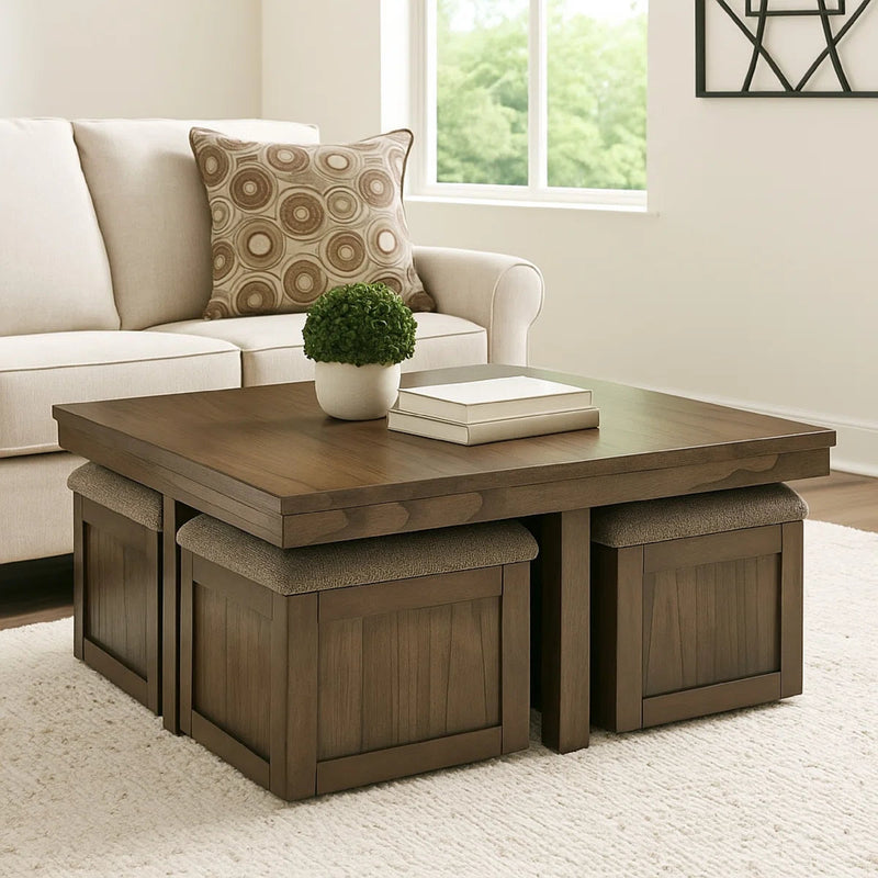 Sheesham Wood Coffee Table with Cushioned Storage Stools – Geraldene