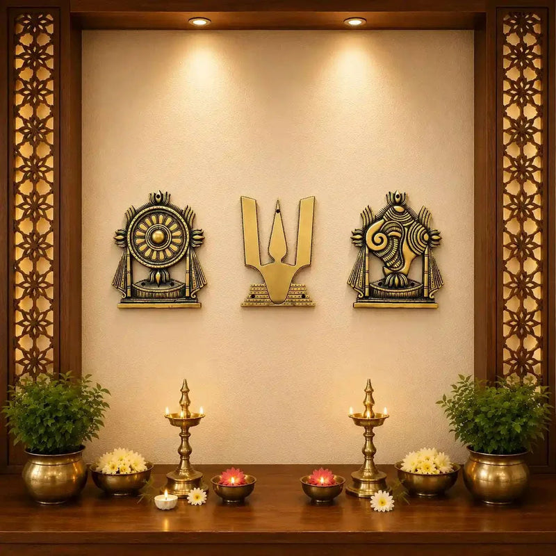 Brass Shankh Chakra Namah Wall Hanging Set (9.5 Inch)