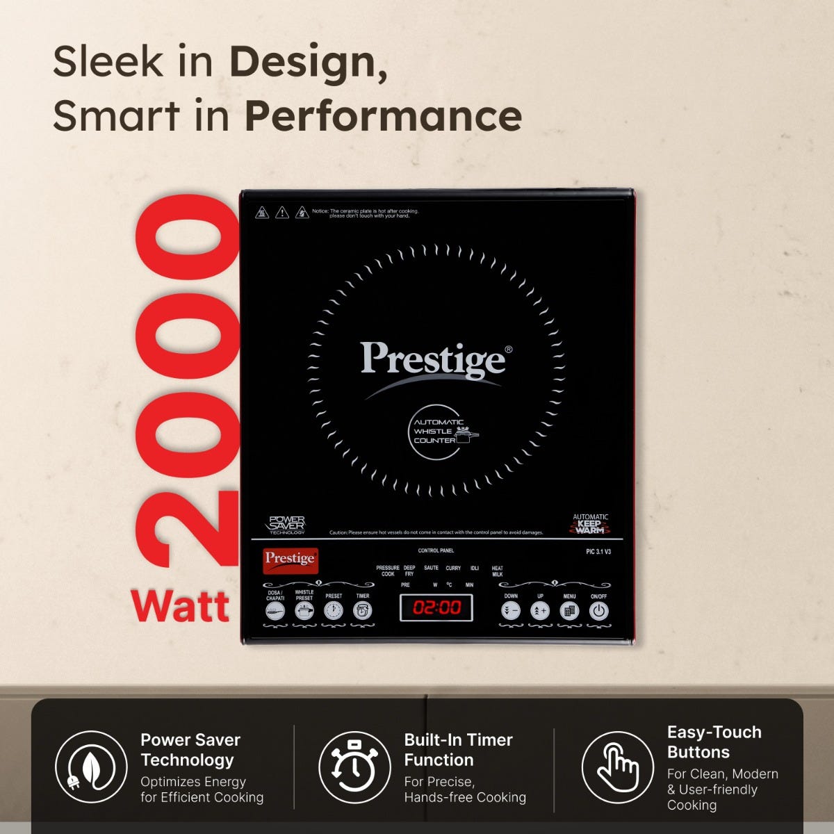 Prestige PIC 3.1 V3 2000W Induction Cooktop, Whistle Counter, 4KV Surge Protection, 7 Indian Menus + Prestige TRIPLY Splendid 4 Pc Cookware Set: Fry Pan 22cm, Kadai 22cm, Saucepan 14cm, SS Lid 24cm