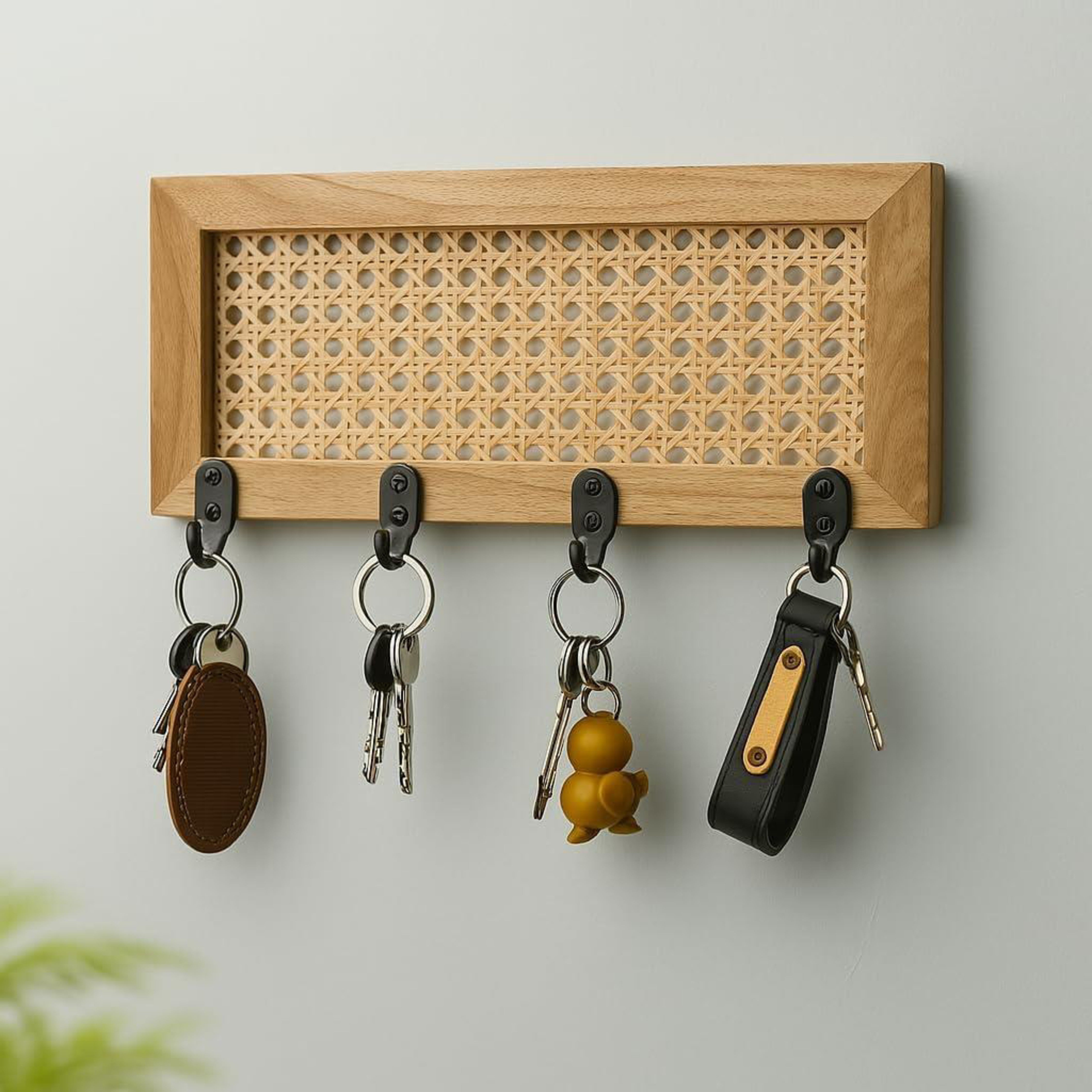 Natural Rattan Wooden Wall Key Holder Rack- Set Of 2