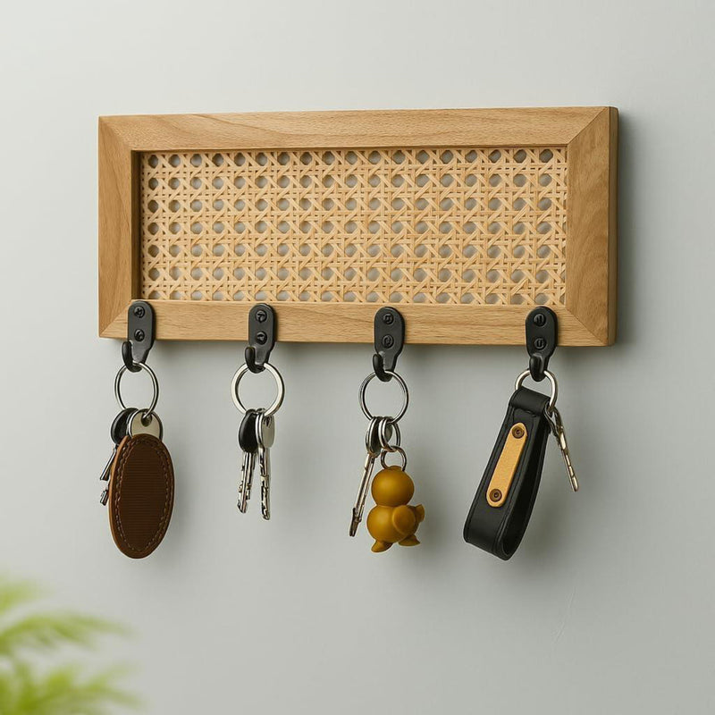 Natural Rattan Wooden Wall Key Holder Rack- Set Of 2