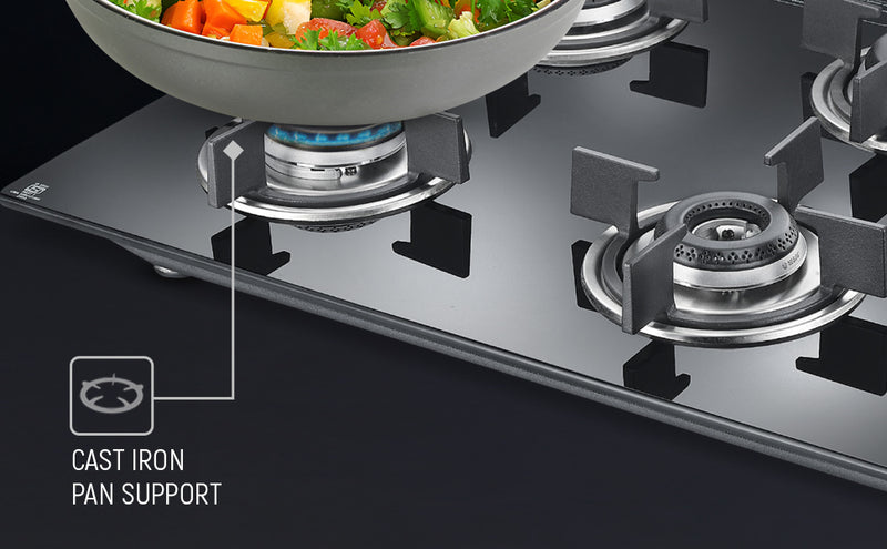 Prestige Efficia Convertible 4 Burner Glasstop Hob|One-Touch Advance Auto-Ignition|Cast-Iron Pan Support|Toughened Glass|SABAF Burners|Ultra-Slim Body|5 Years Warranty on Glass|Black