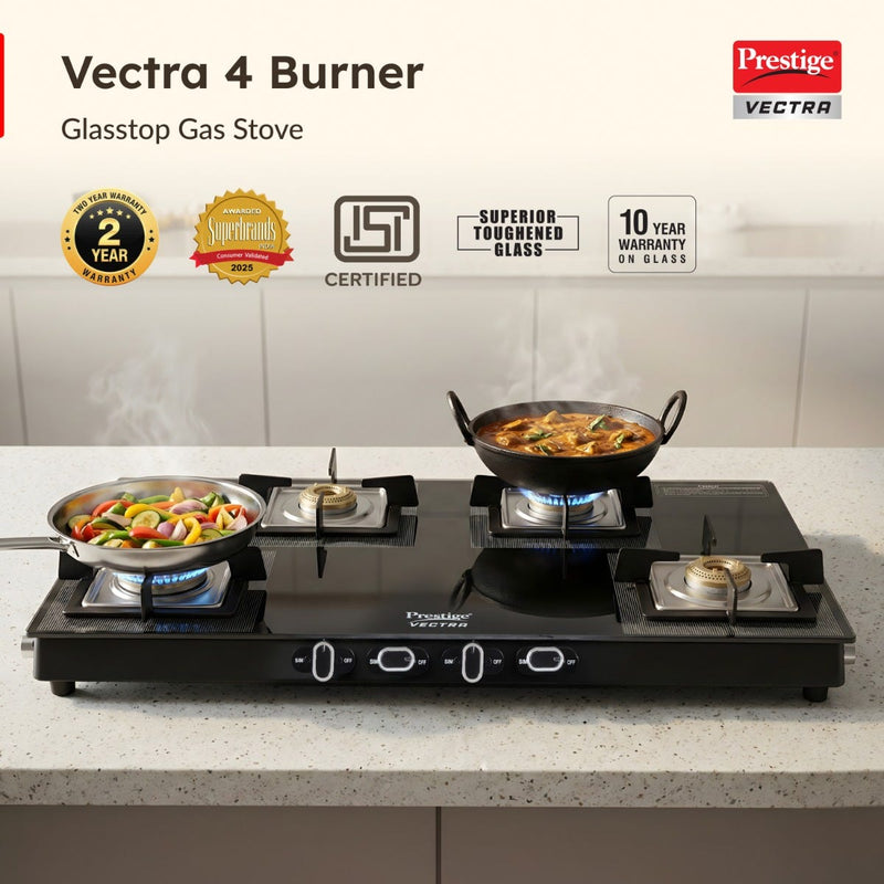 Prestige Vectra 4 Burner Glass Top Gas Stove, Toughened Glass, Jumbo Brass Burner, Black + Prestige 3 Litre TRIPLY Svachh Inner Lid Pressure Cooker, Deep Lid for Spillage Control, Gas & Induction, ISI