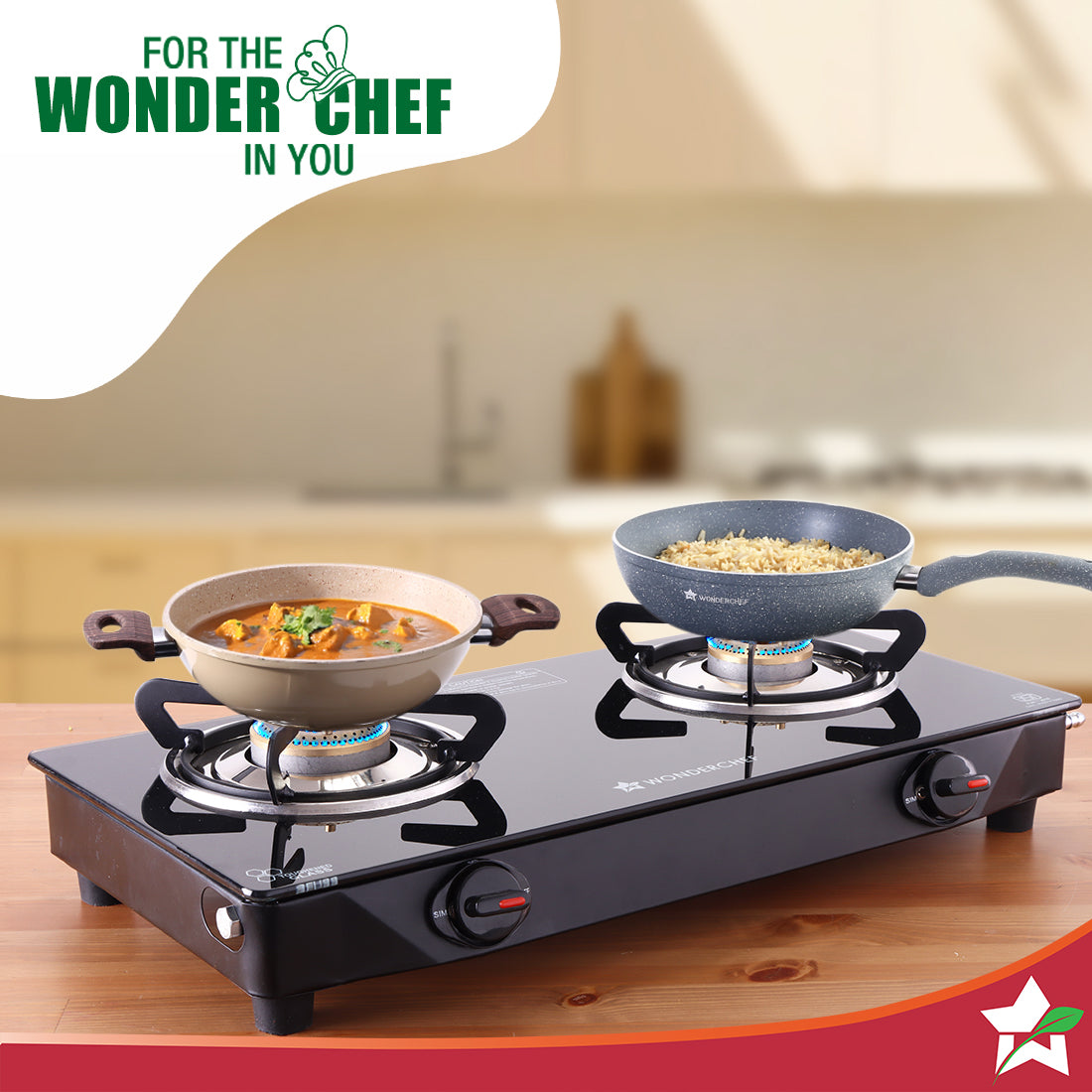 Wonderchef Zest Neo Gas Stove | 2 Burners (1 Medium, 1 Small) | Premium Glass Surface | Space Saving Design | Brass Burn