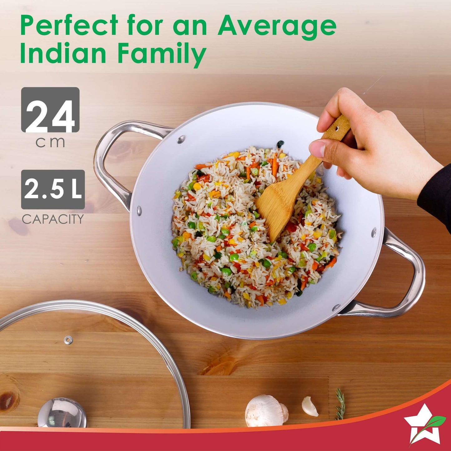 Eco-Glide Kadhai with Glass Lid | | Chemical-free Ceramic Coating | 24cm, 2.5L | Healthy, Low Oil Meals | Scratch-resistant | Stainless-steel Handle | Gas & Induction Compatible | Grey