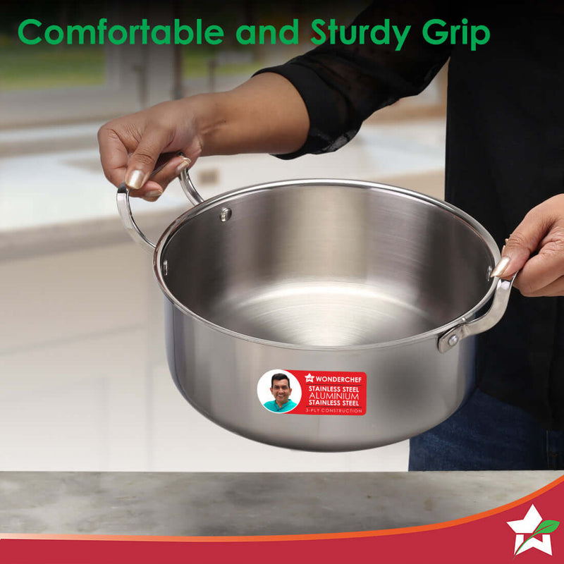 Wonderchef Stella Triply Stainless Steel Casserole with Lid | 24 cm, 4.5 Litres | Compatible with Gas Stove, Induction, 