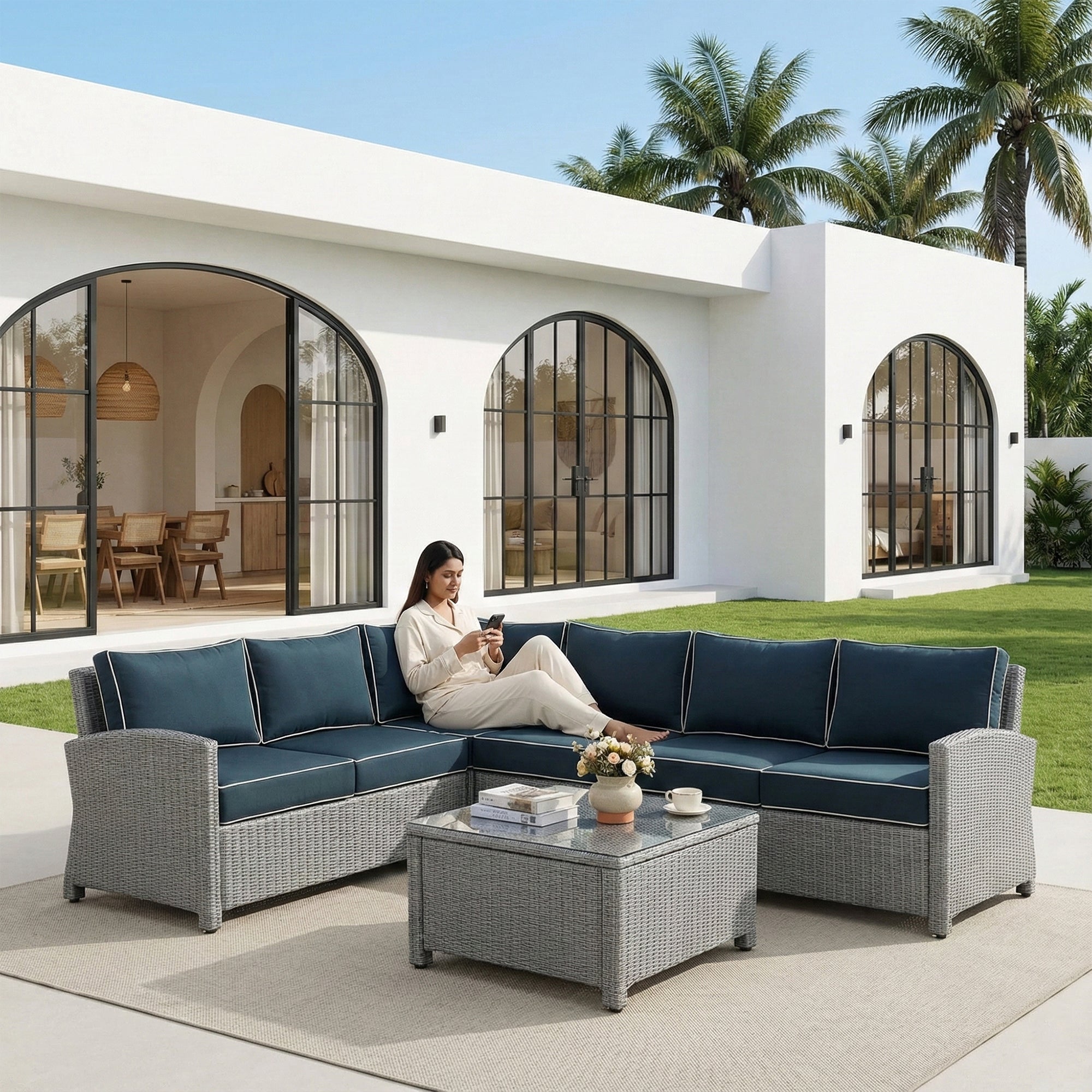 Estio  Outdoor Patio Sofa Set 4 Seater and 1 Table With 1 Ottoman Set