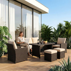 Umile Outdoor Garden Balcony Sofa Set 3 Seater, 2 Single seater, 2 Ottoman and 1 Center Table Conversation Set (Brown)