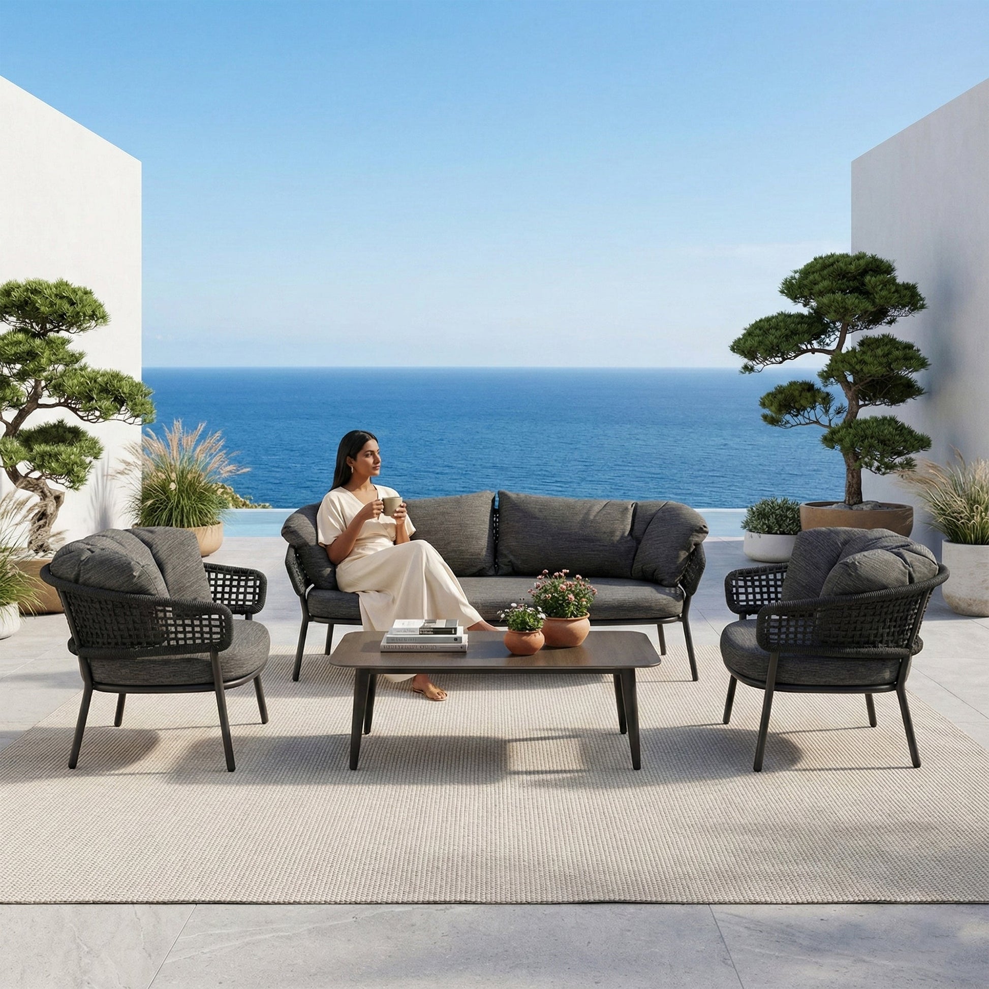 Puff Outdoor Sofa Set 3 Seater , 2 Single seater and 1 Center Table Set (Black) Braided & Rope